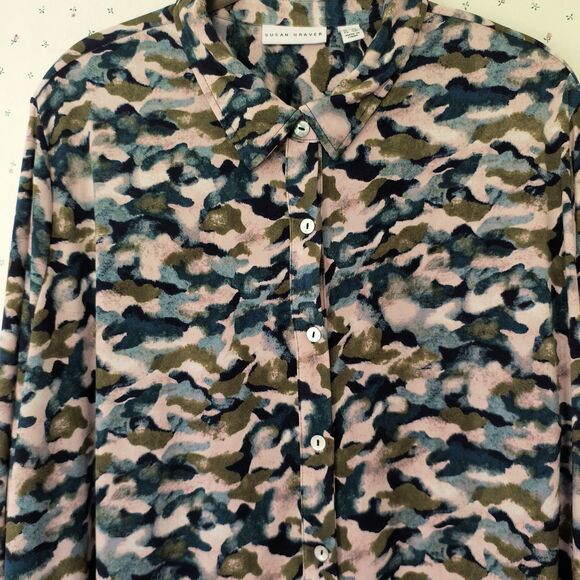 Susan Graver Liquid Knit Top 2X Multicolor Abstract Print Button-up Office Boho - Picture 4 of 16